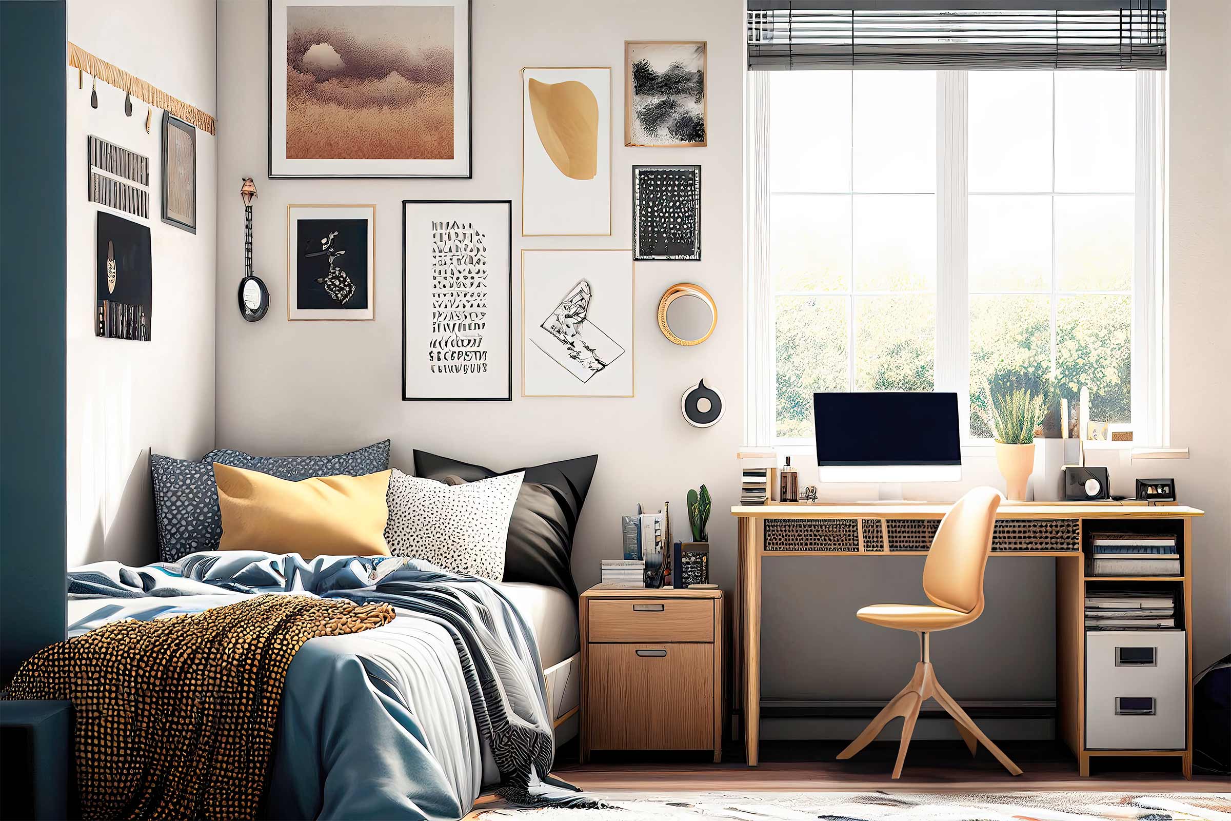 Lichte slaapkamer met bed, bureau en diverse wanddecoraties voor een gezellige sfeer