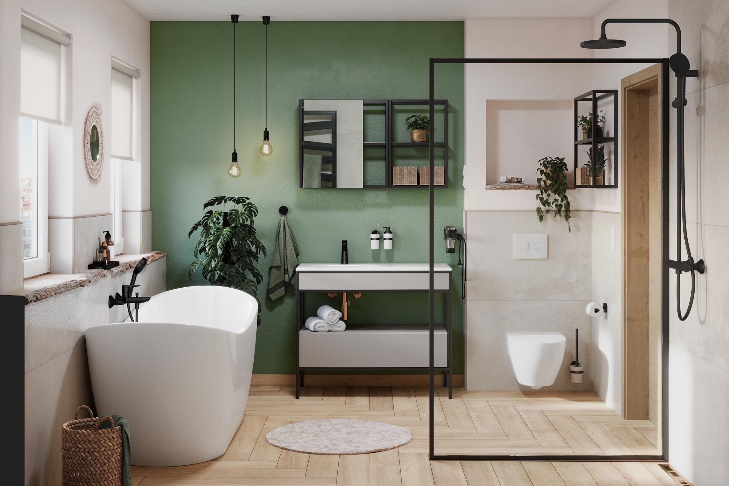 Lichte badkamer met vrijstaand bad, wastafel, spiegel en douche