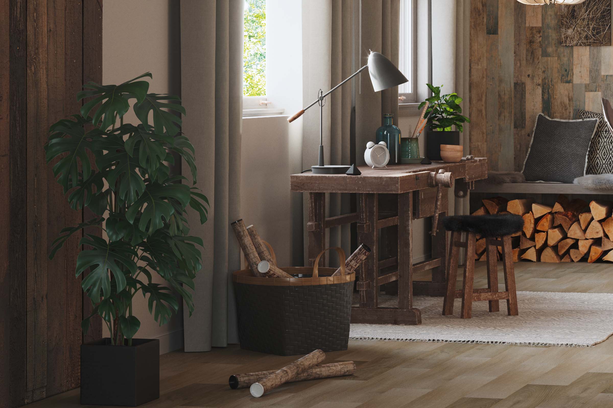 Gezellige woonkamer met houten elementen, planten en werkruimte