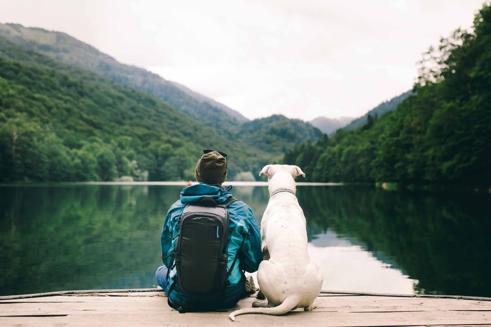 Persoon met rugzak en hond zit aan de oever van het meer