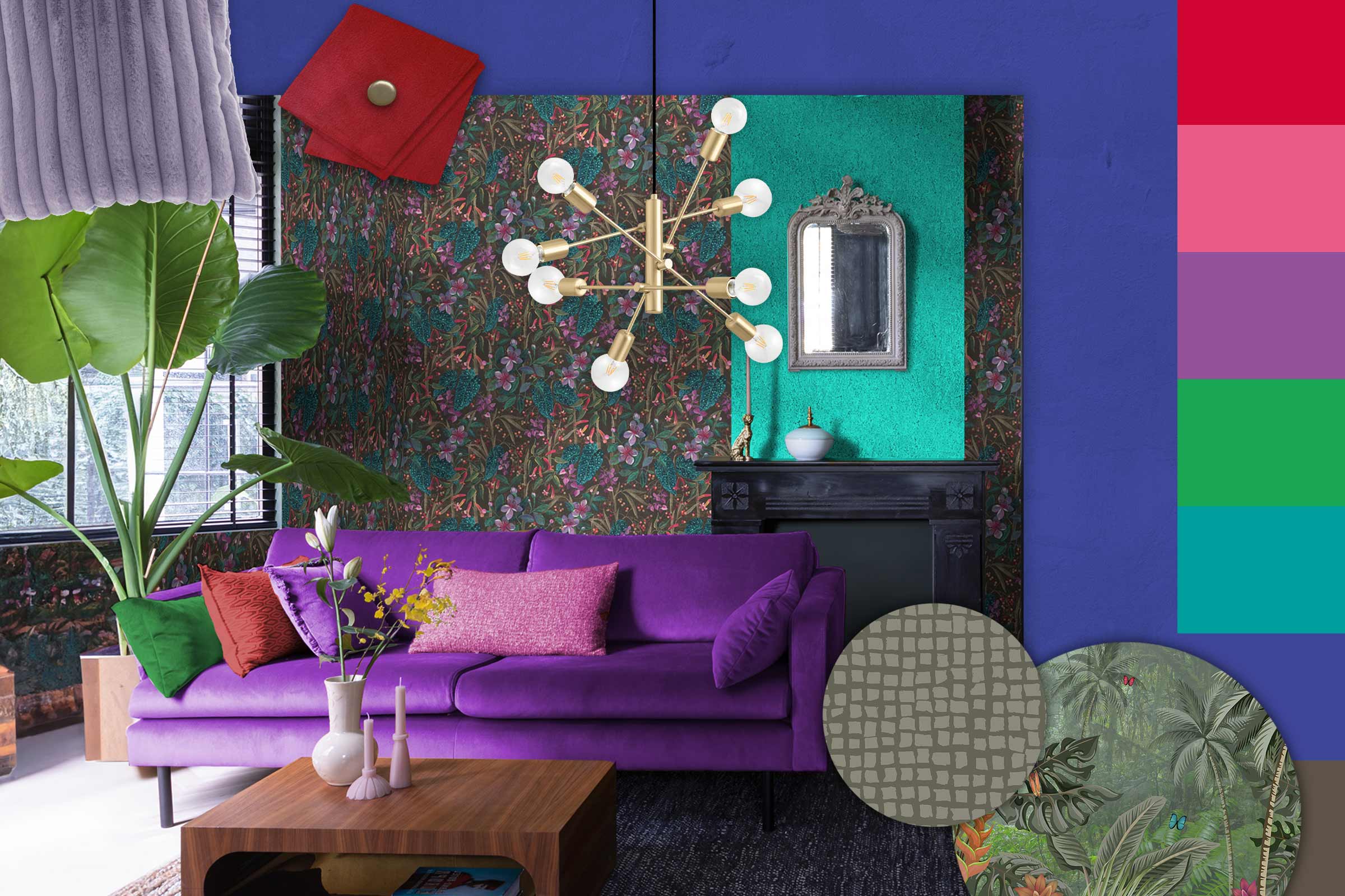 Woonkamer met paarse bank, houten tafel, kamerplanten en decoratieve wanddecoratie
