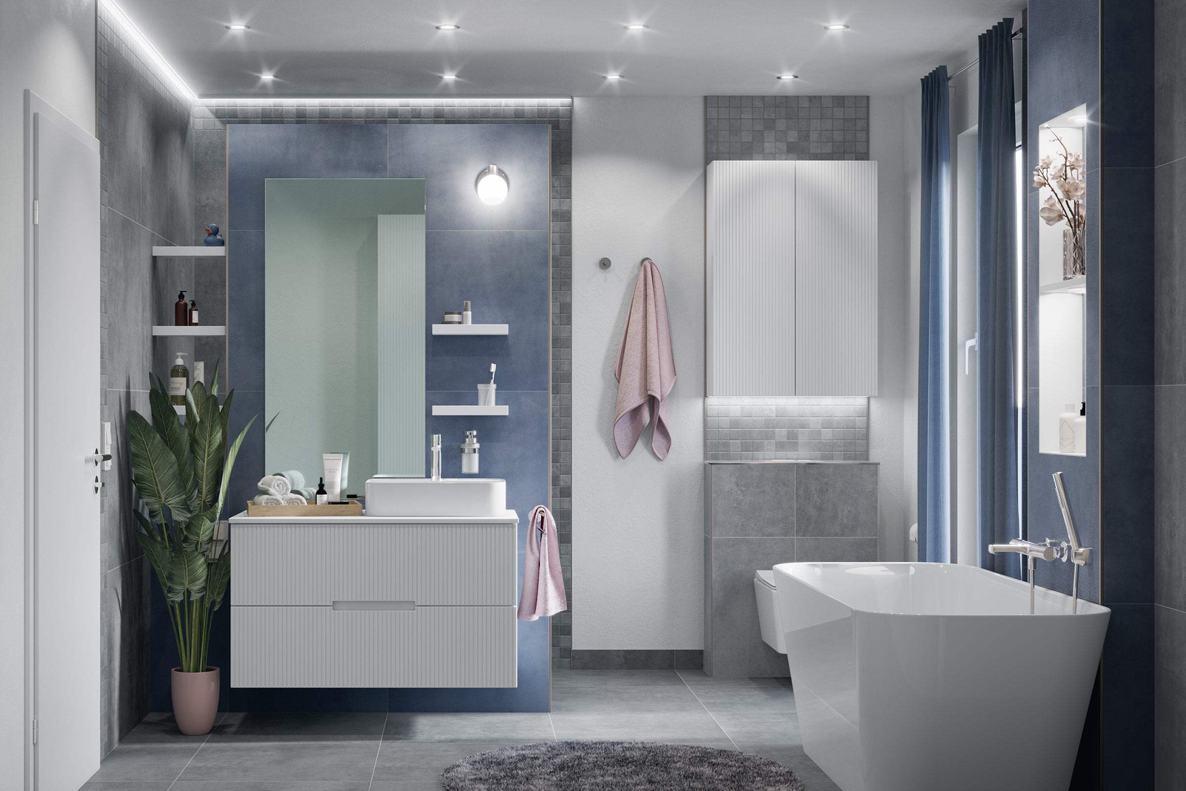 Moderne badkamer met wastafel, spiegel, bad en grijze tegels