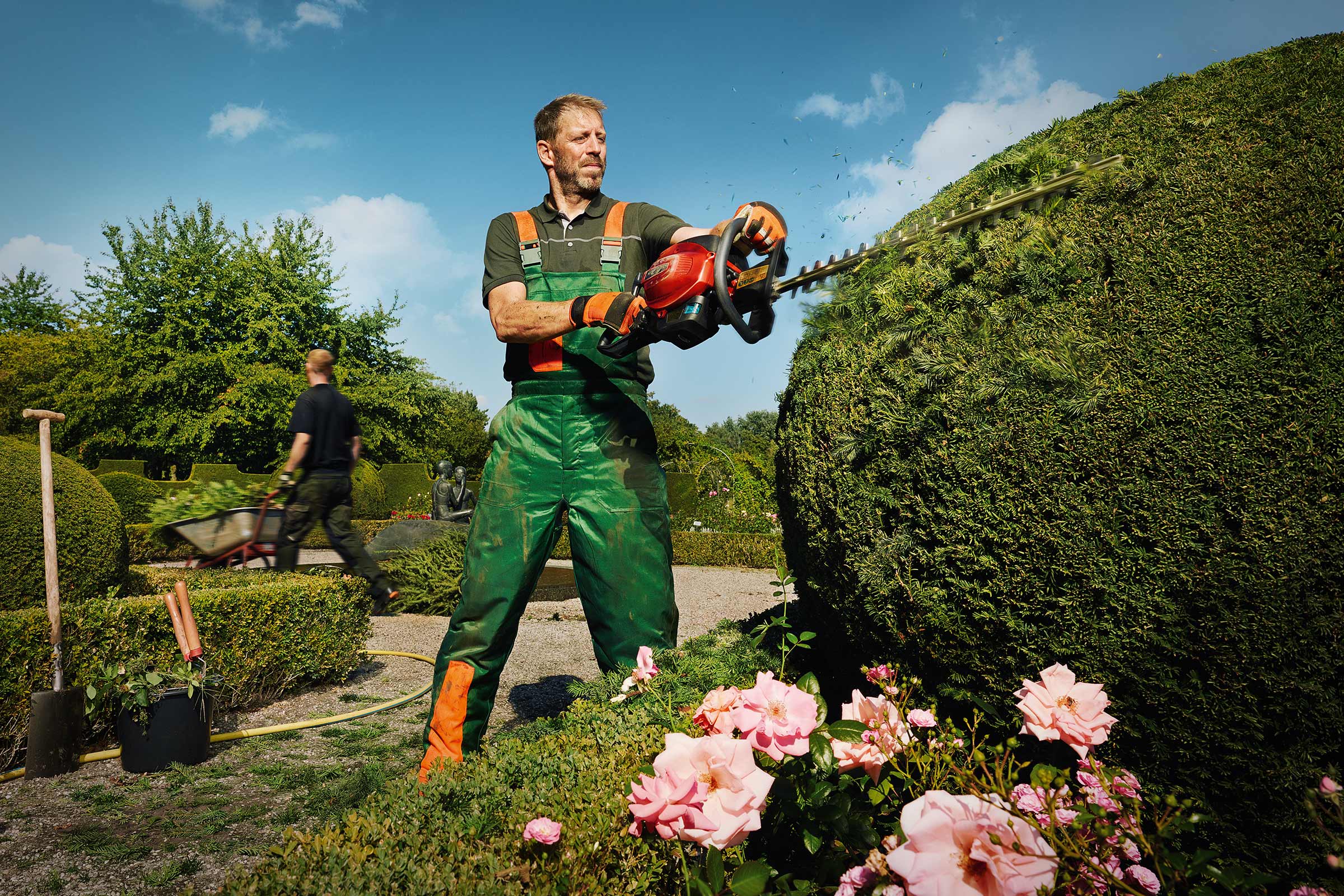 Tuinman snoeit haag met een heggenschaar in een tuin.