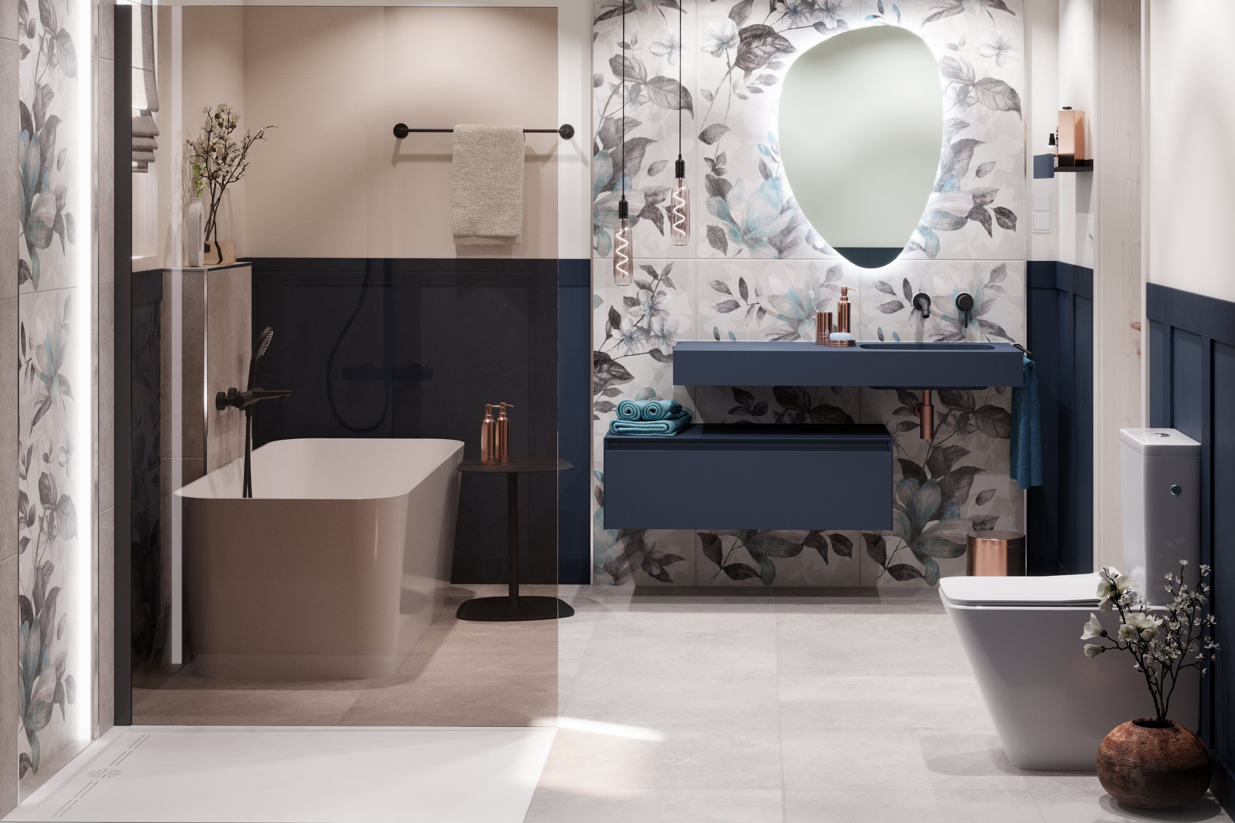 Moderne badkamer met bad, wastafel en toilet in een bloemmotief