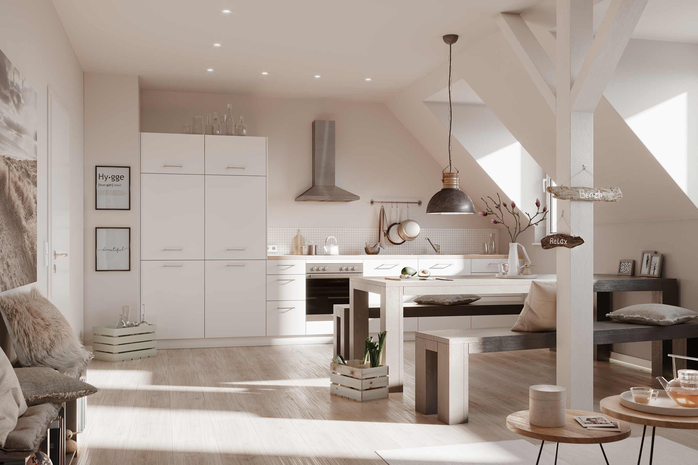 Lichte keuken op zolder met eethoek, keukenblok en decoraties voor een gezellige sfeer.