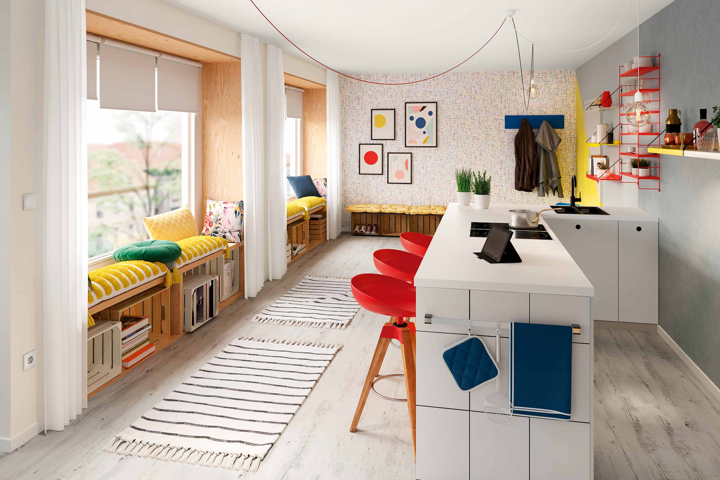 Lichte keuken met zitplaatsen bij het raam, een kookeiland met barkrukken en decoratieve elementen