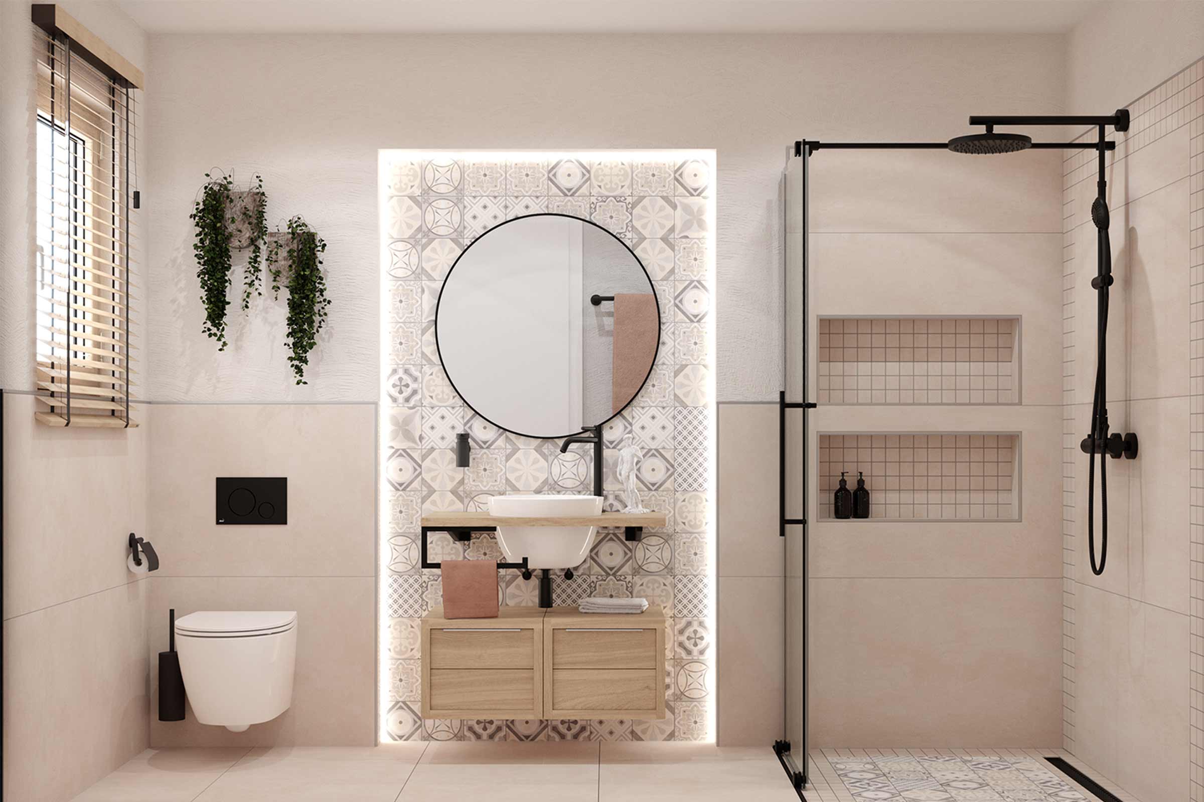 Moderne badkamer met toilet, wastafel, spiegel, douche en planten