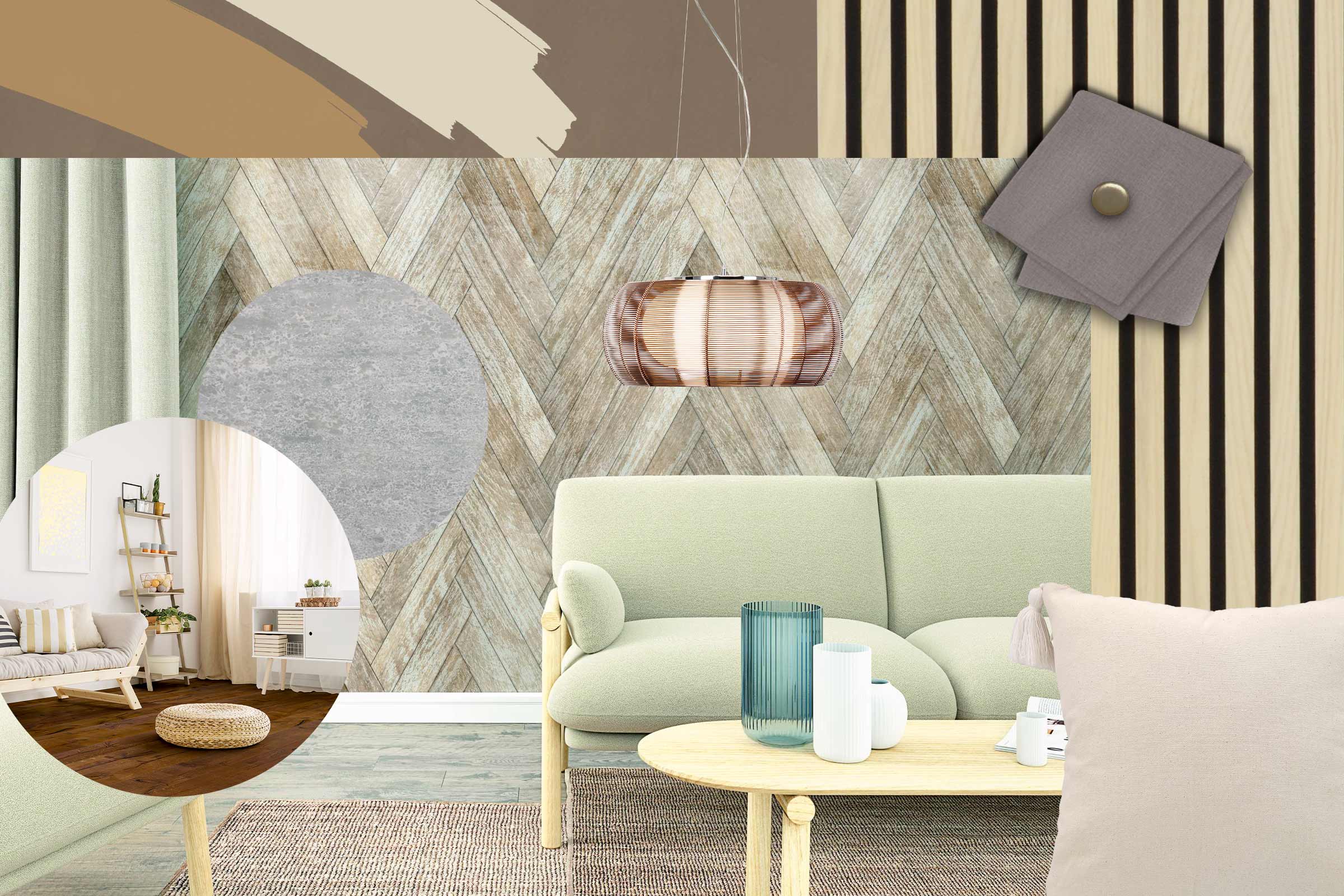 Sfeervolle wooncollage met meubels en decoraties voor een gezellig thuis.