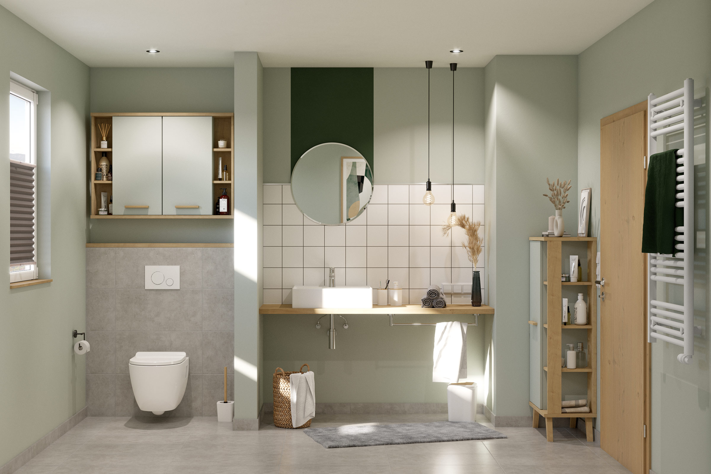 Lichte badkamer met wastafel, spiegel, toilet en badkamermeubels voor een moderne inrichting