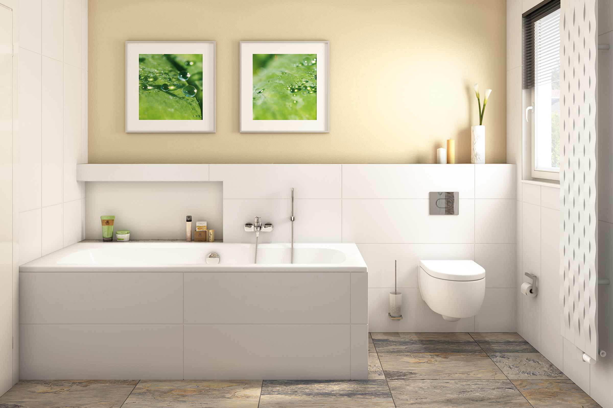 Lichte badkamer met bad, toilet, radiator en decoratieve elementen.