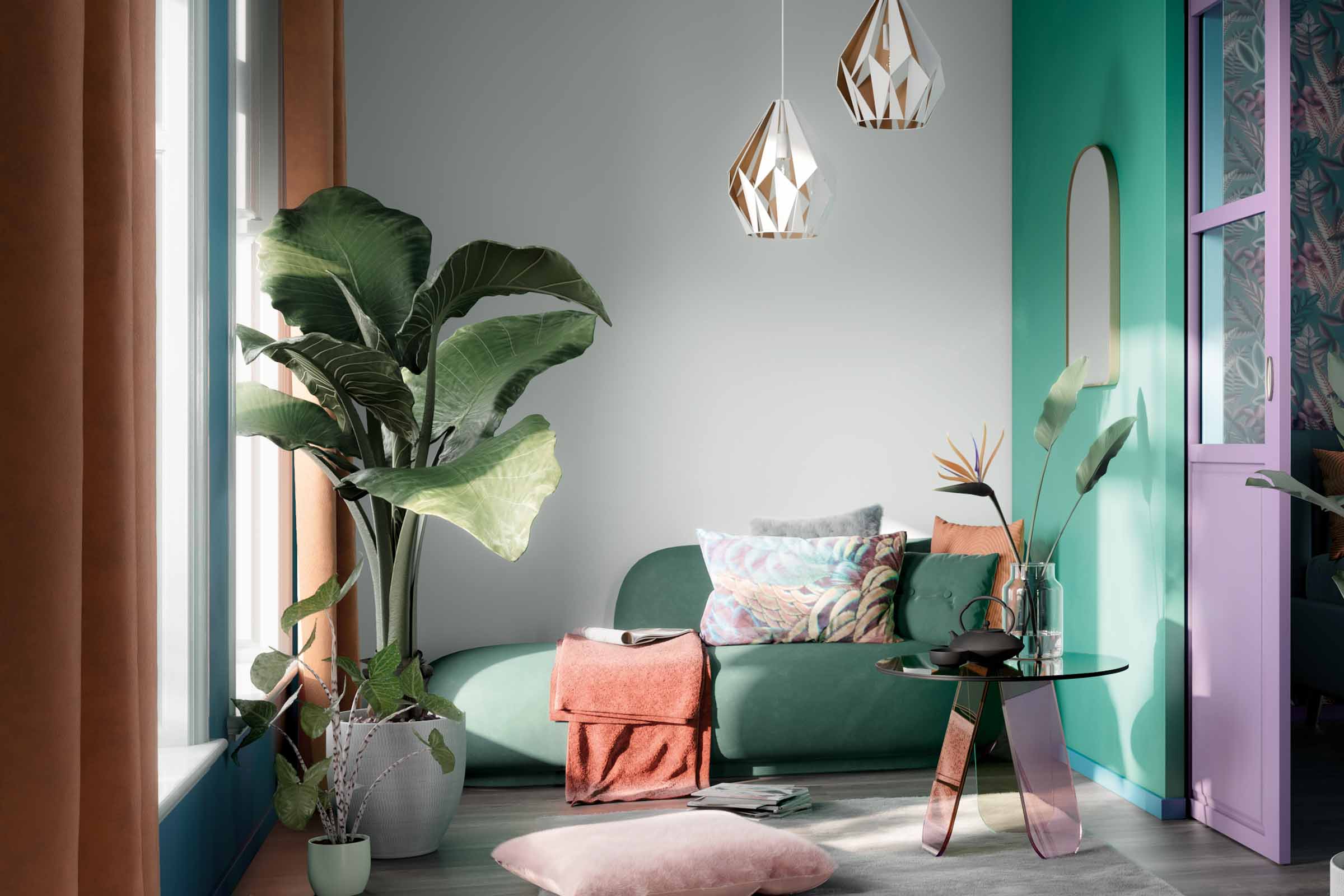 Woonkamer met groene bank, kamerplanten, geometrische lampen en ronde bijzettafel