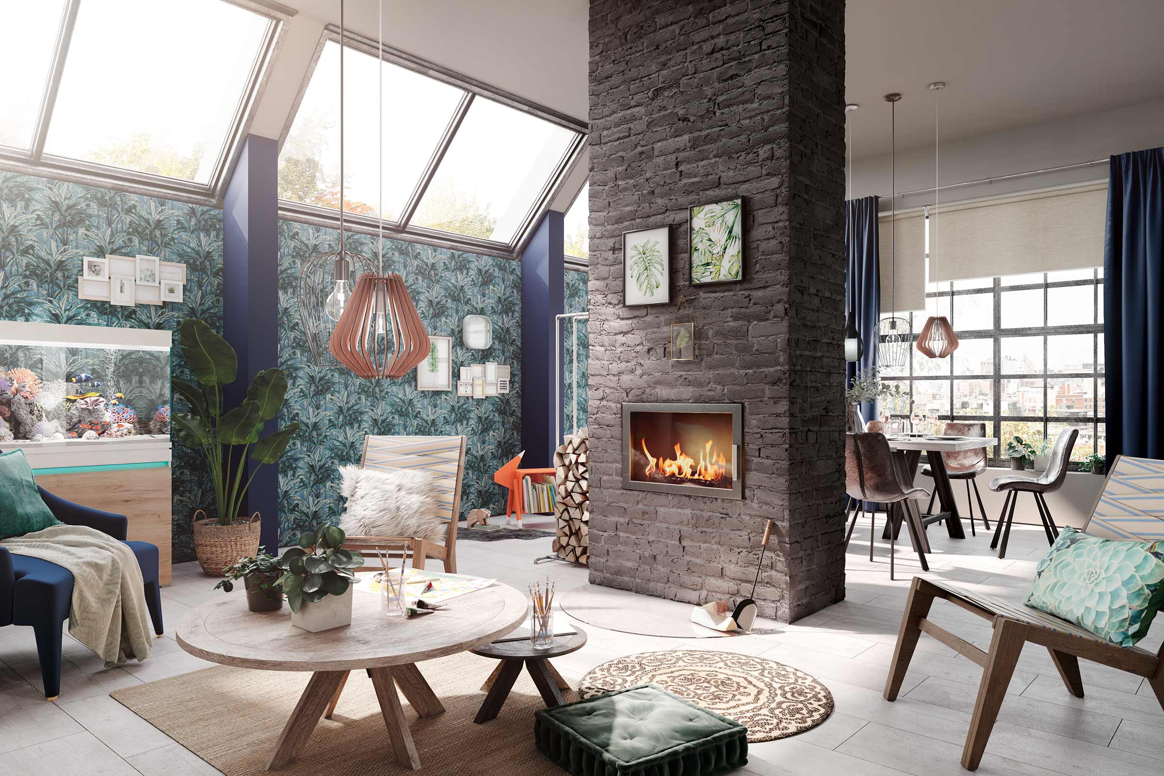 Woonkamer met open haard, zitmeubelen, tafel en decoraties.