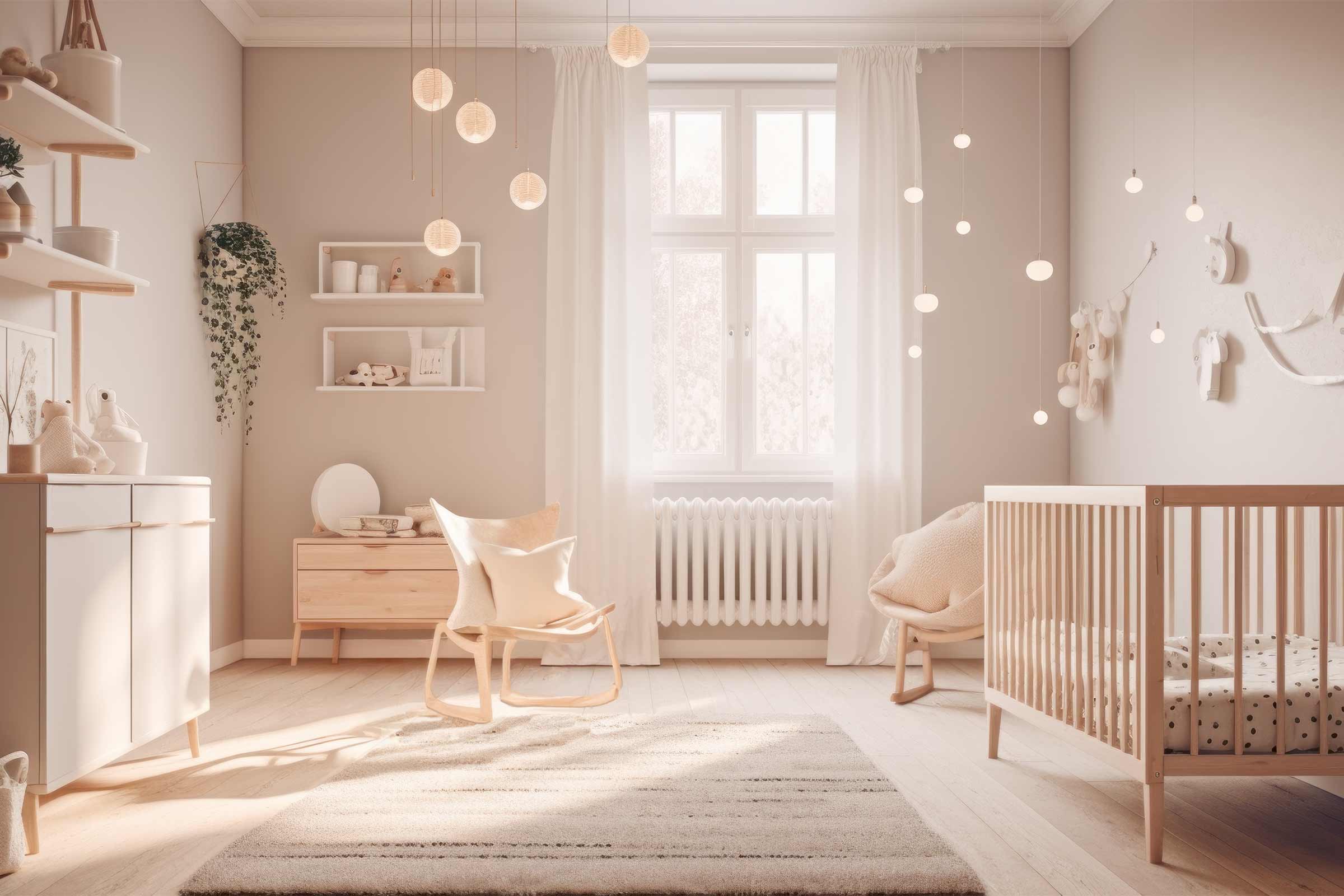 Lichte kinderkamer met ledikant, commode, planken, schommelstoel en tapijt