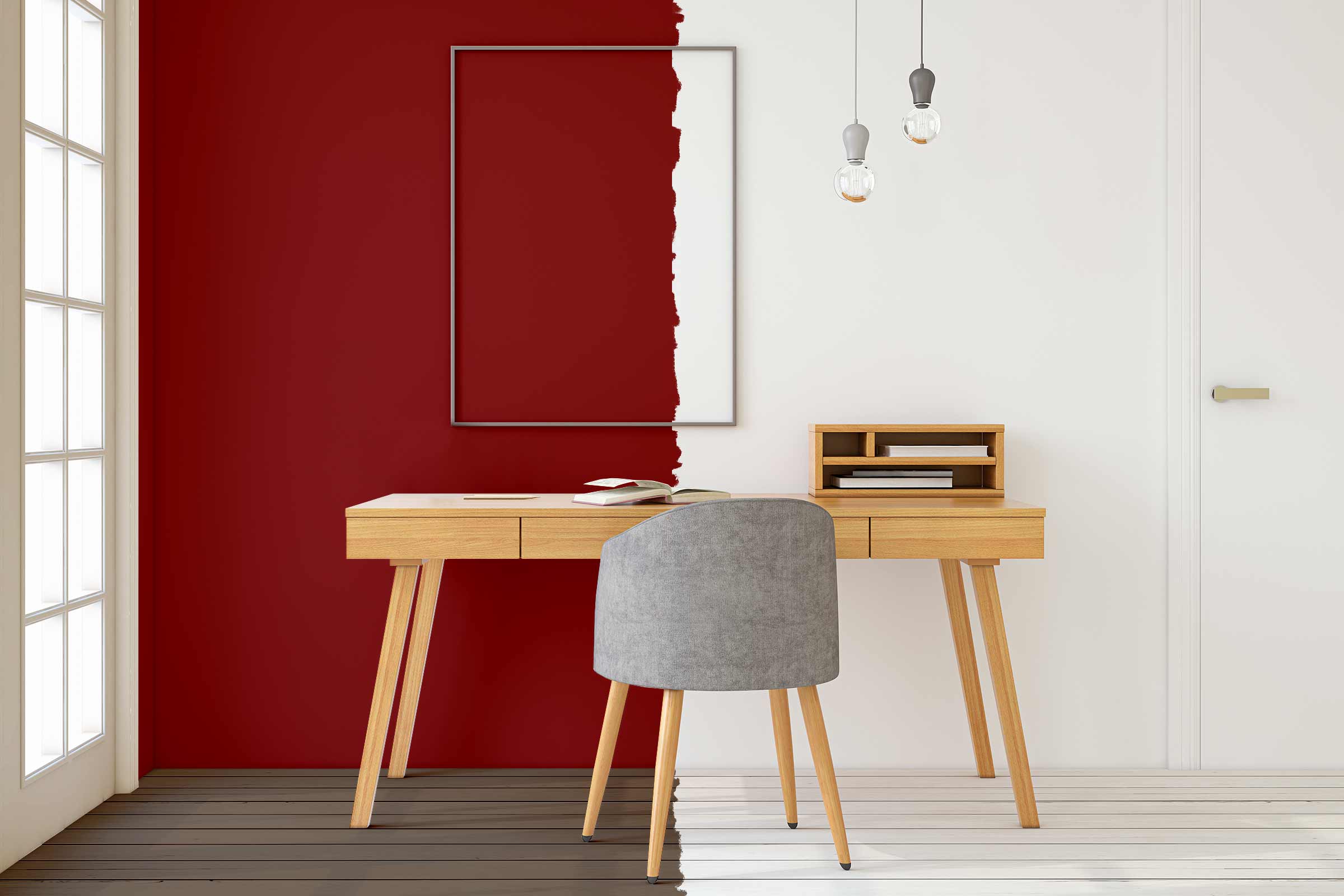 Lichte studeerkamer met bureau, stoel en wanddecoratie
