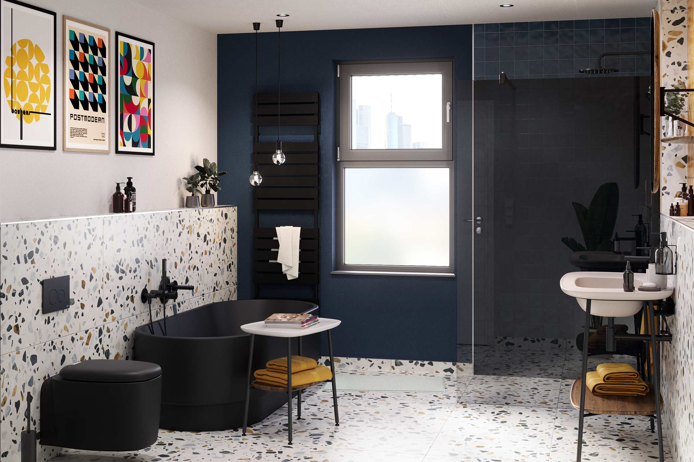 Moderne badkamer met vrijstaand bad, toilet, wastafel en terrazzo vloer