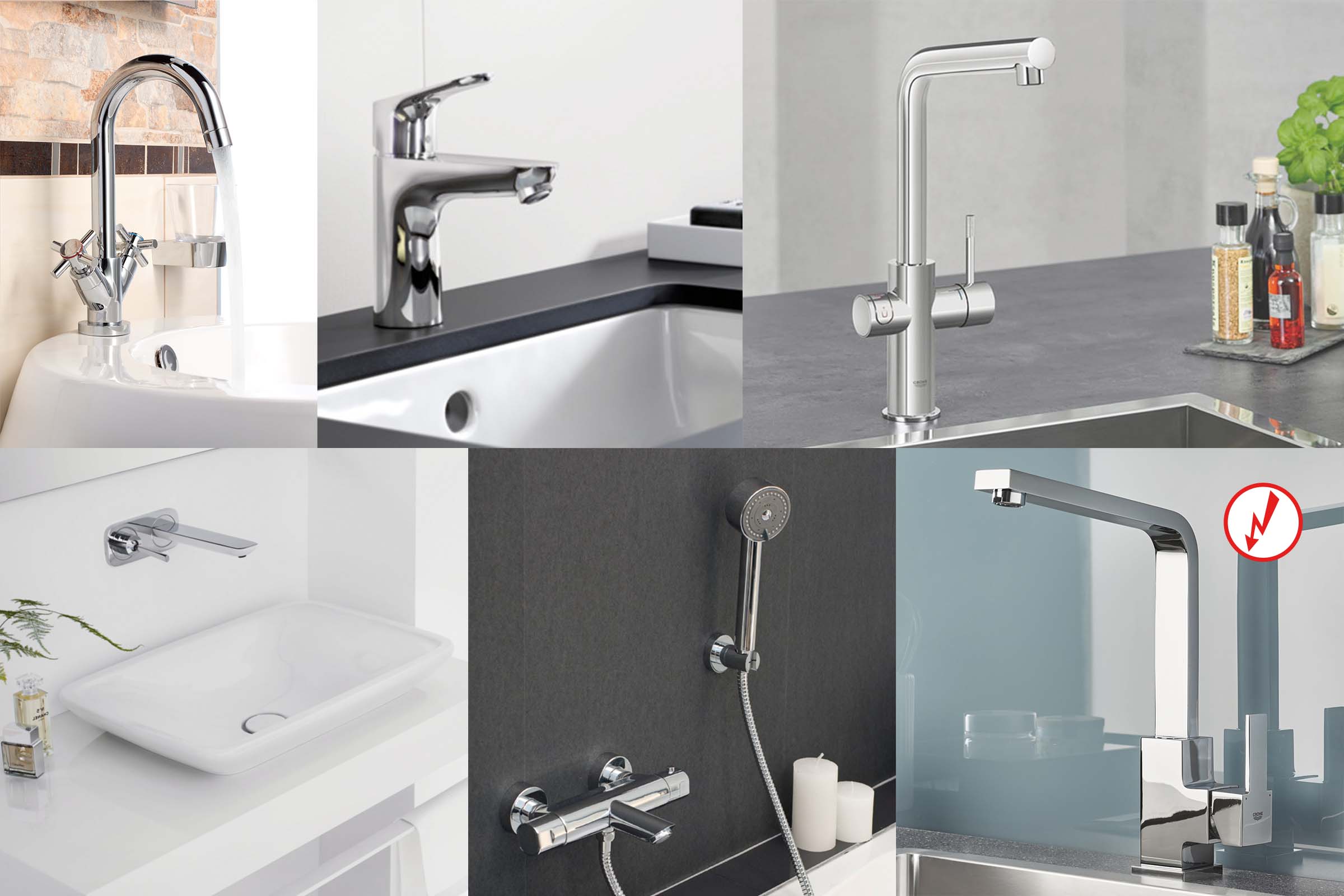 Collage van verschillende kranen voor badkamer en keuken