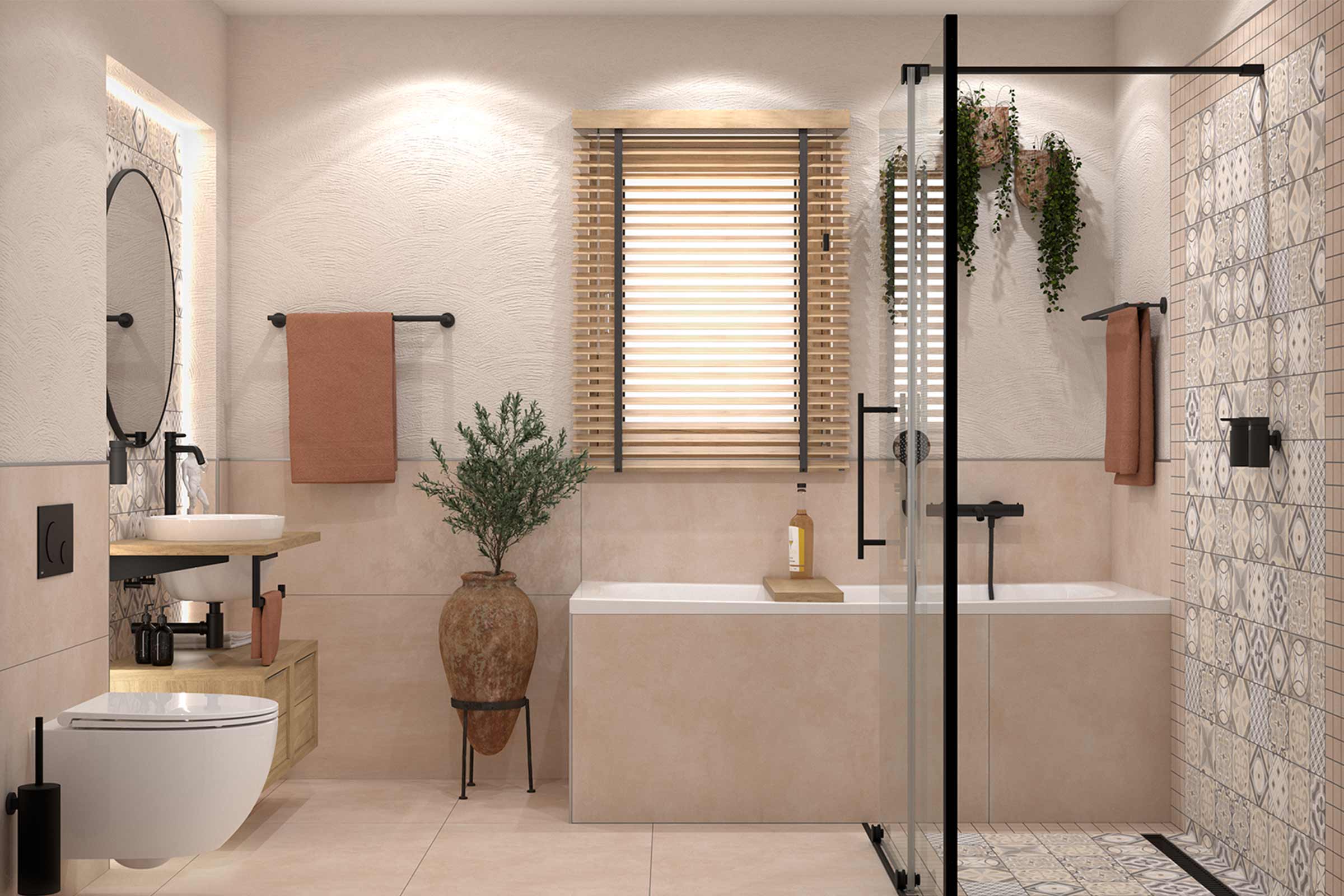 Lichte badkamer met wastafel, spiegel, toilet, bad en decoraties voor een vriendelijke sfeer