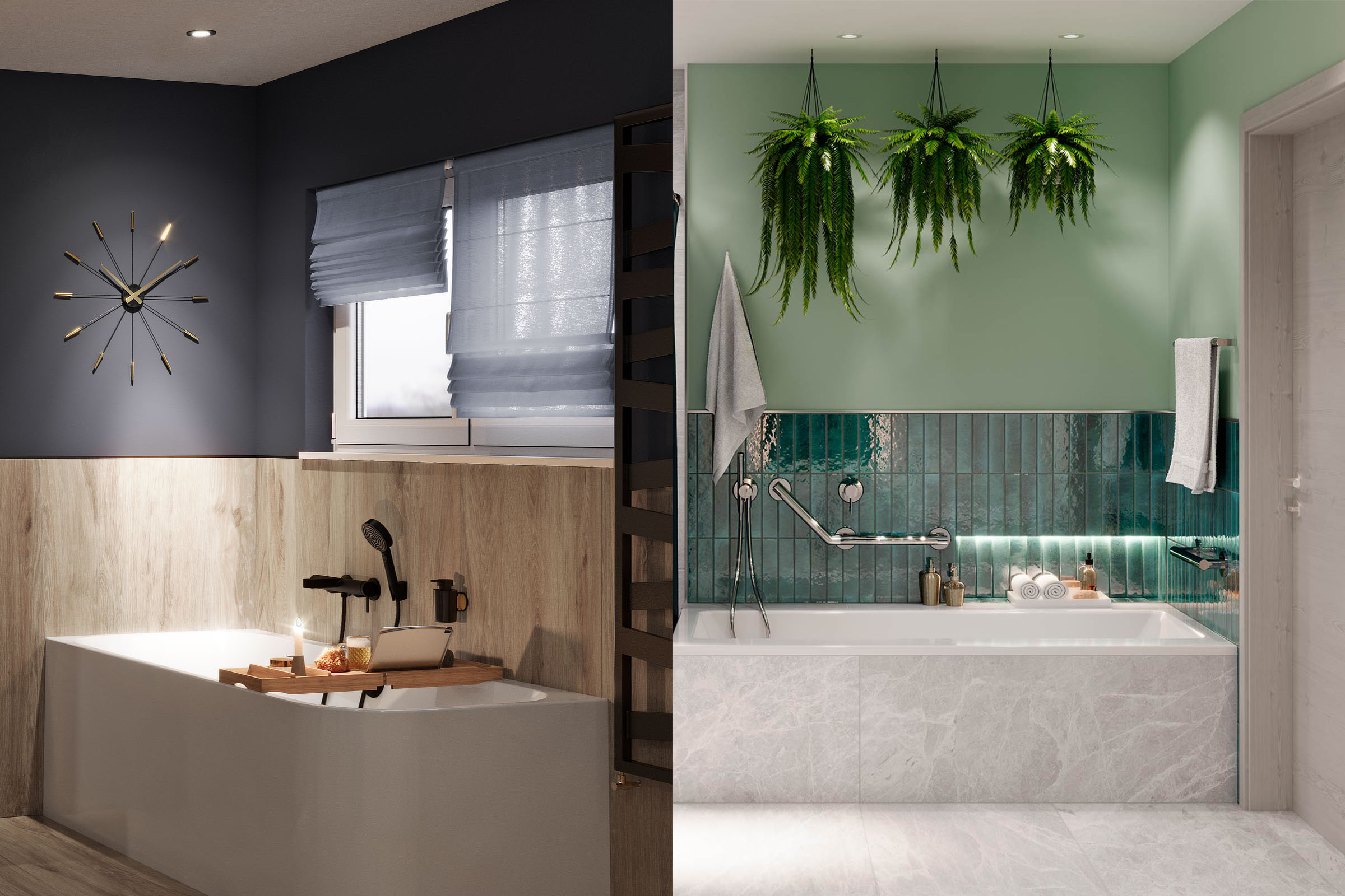 Badkamer met bad, kraan, handdoekradiator en decoratie