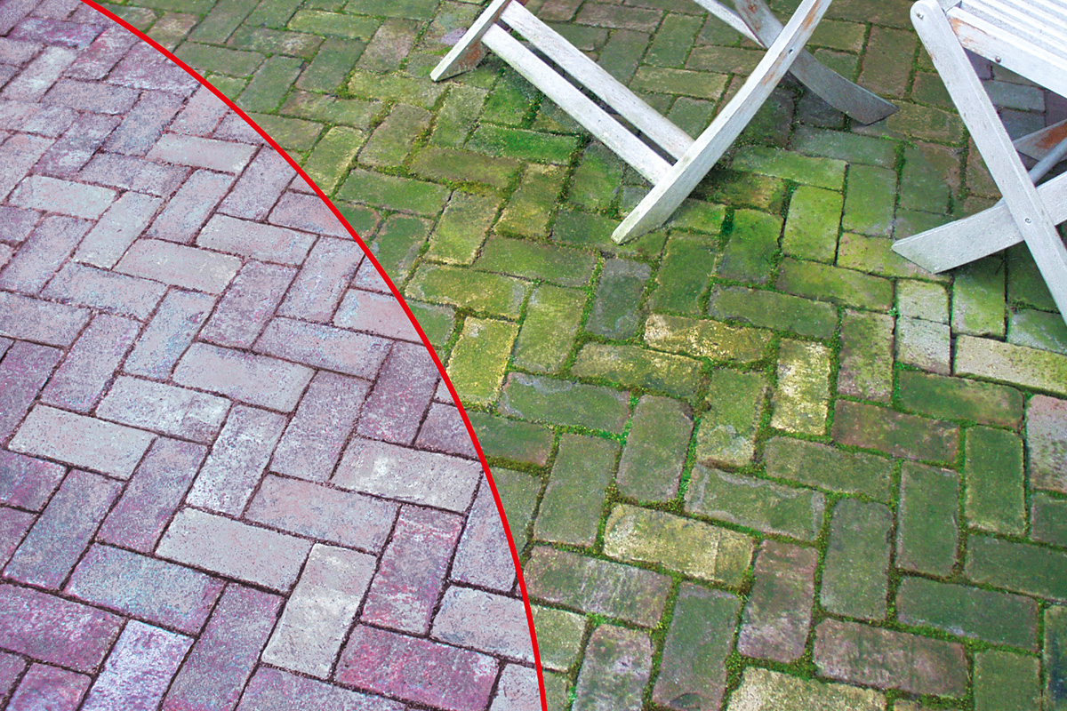 Voor-en-na vergelijking van gereinigde bestrating op een terras