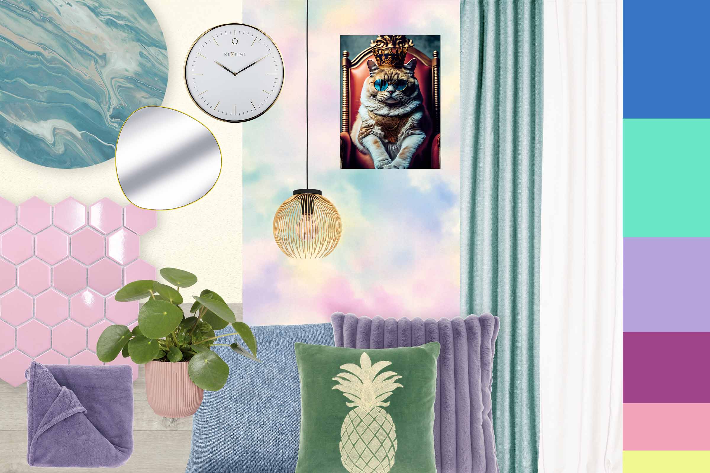 Decoratieve opstelling met wandklok, spiegel, lamp, kussens en een muurschildering