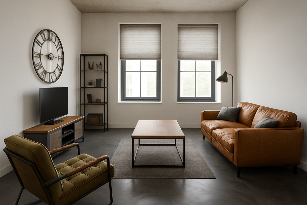 Woonkamer met bank, fauteuil, tafel, televisie, klok en rekken voor een stijlvolle inrichting