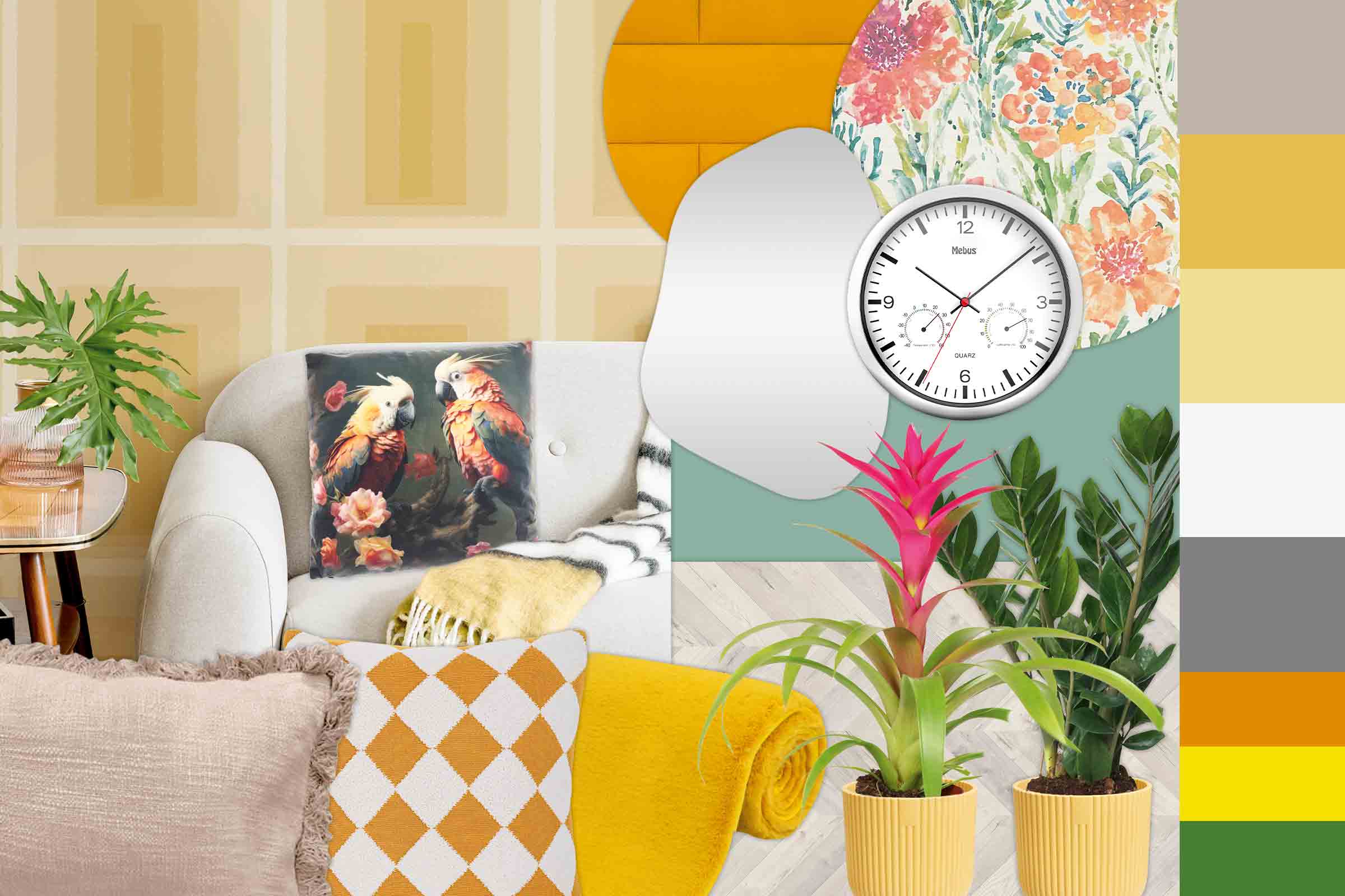 Decoratieve woonkamerambiance met bank, kussens, dekens, tapijt, klok en kamerplanten