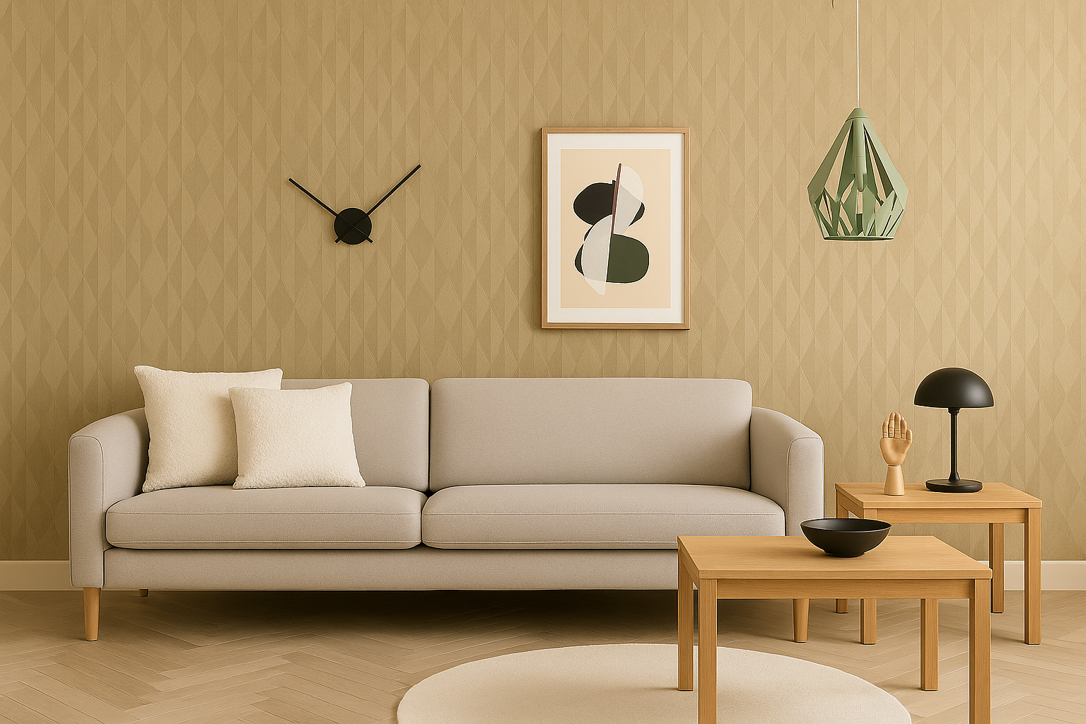 Woonkamer met bank, salontafel en decoratie
