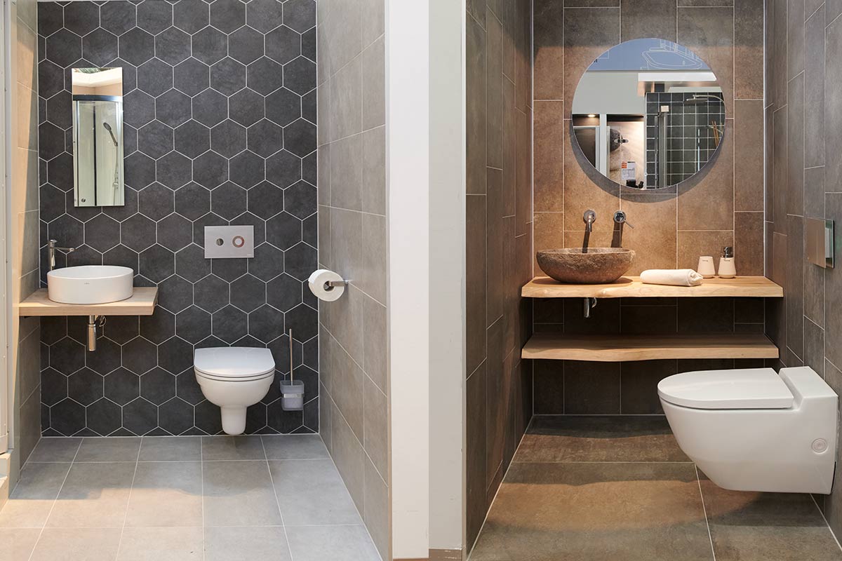 Badkamer met toilet, wastafel en tegels