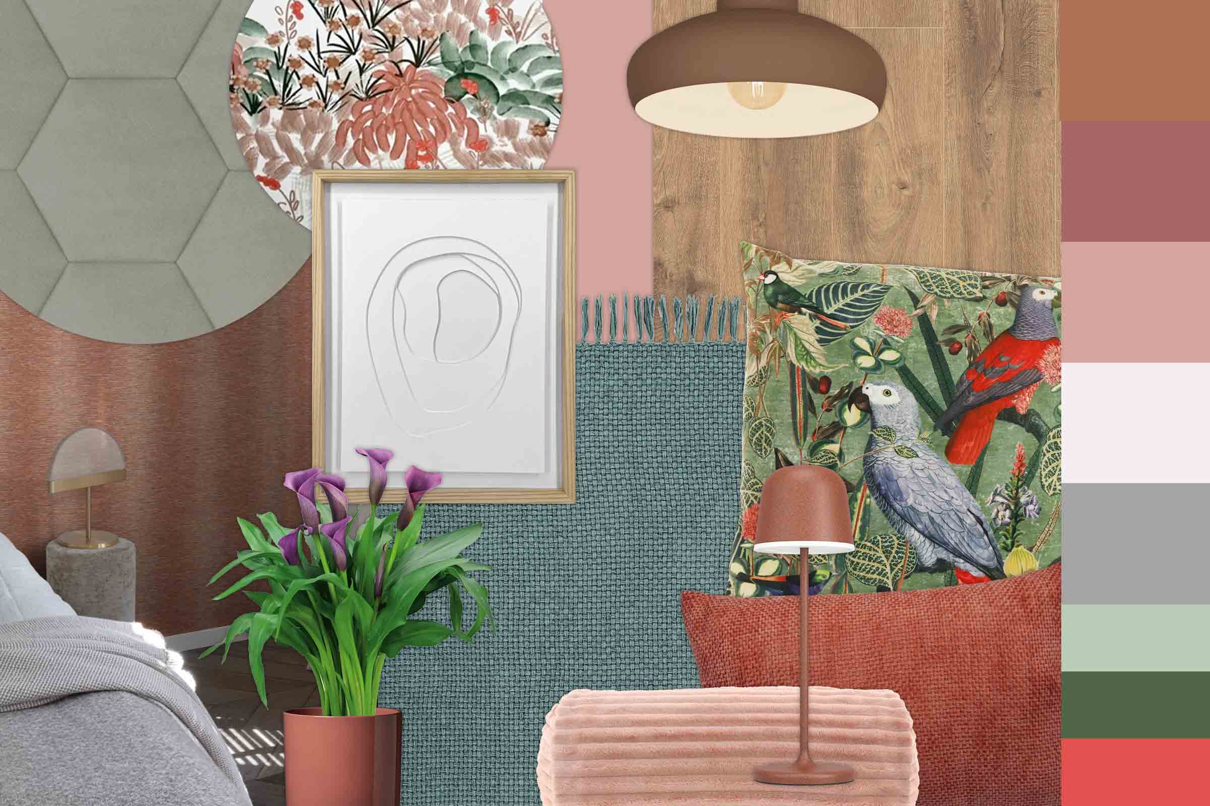 Interieurontwerp met decoratieve elementen, textiel en verlichting