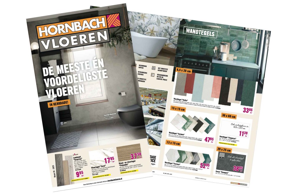 Hornbach aanbiedingsfolder voor vloerbedekking en wandtegels met diverse producten en prijsinformatie.