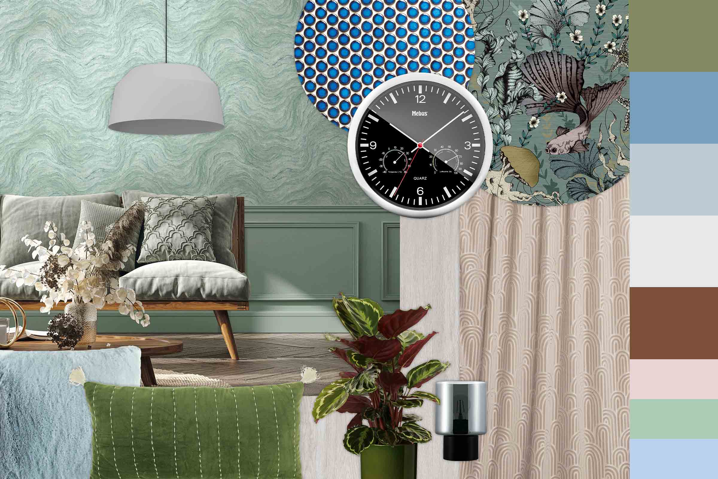 Woonkamerontwerp met bank, kussens, hanglamp, wandklok, kamerplant, decoratie en verschillende patroonbehangen