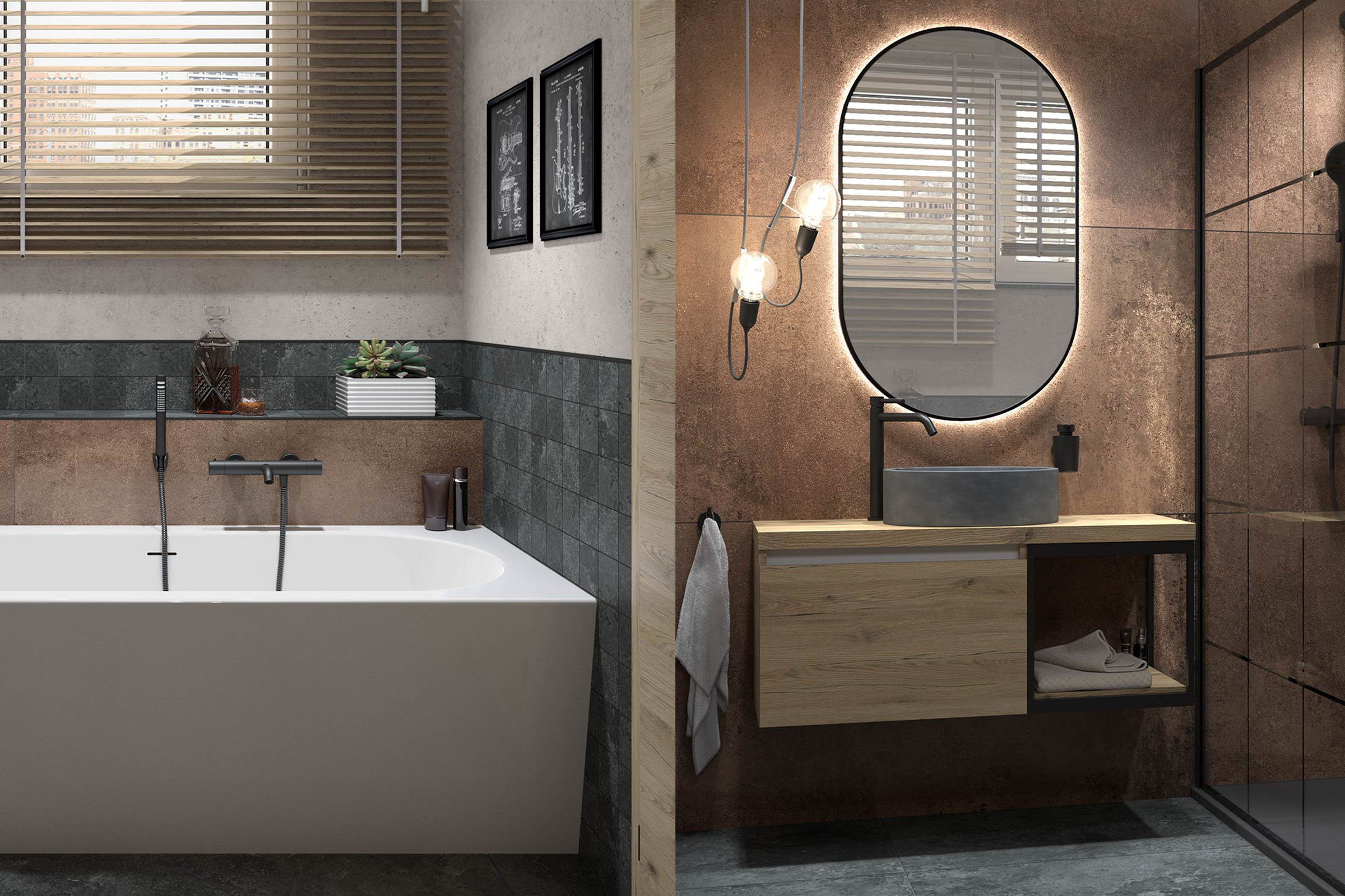 Moderne badkamer met bad, wastafel en douche