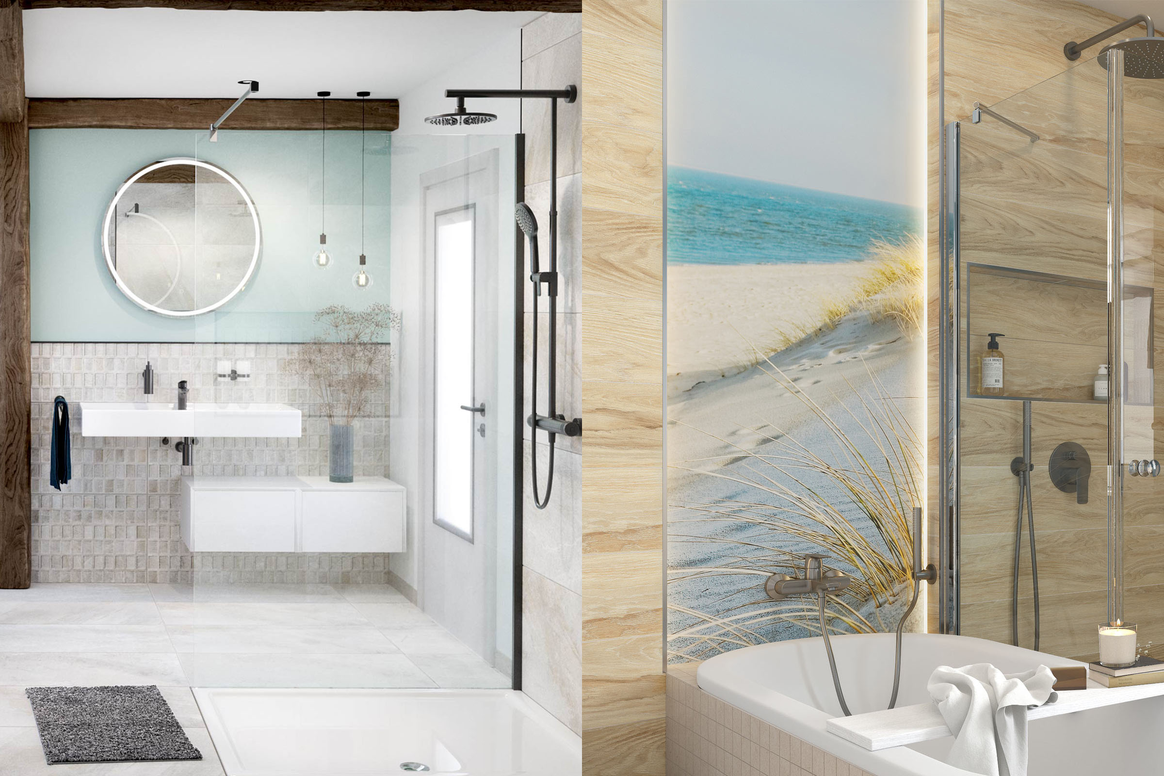 Badkamer met wastafel, douche en ligbad in lichte kleuren