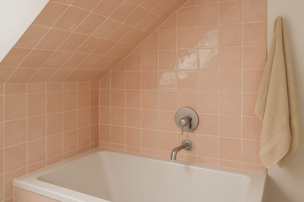 Een badkamer met bad, kraan en handdoek voor wandtegels