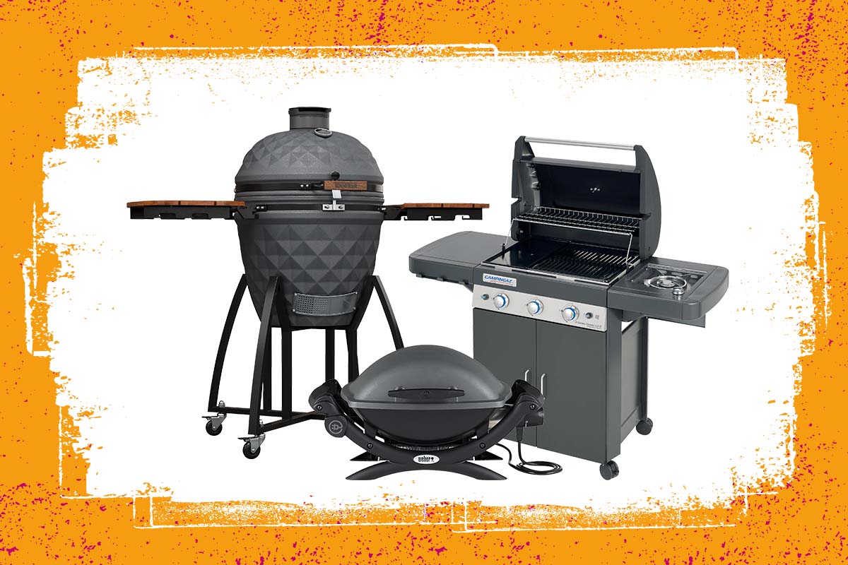 Drie verschillende soorten barbecues: keramische barbecue, gasbarbecue en bolbarbecue.