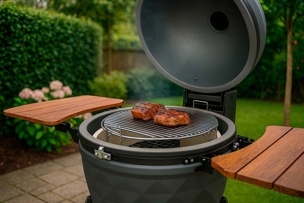 Keramische barbecue met twee steaks op het rooster en bijzettafels