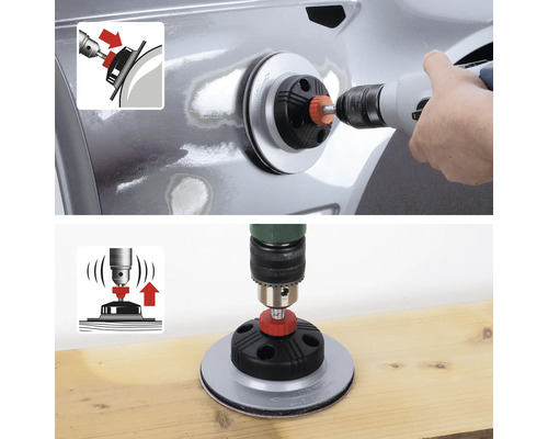 Een boormachine met schuurschijf wordt gebruikt op een oppervlak.