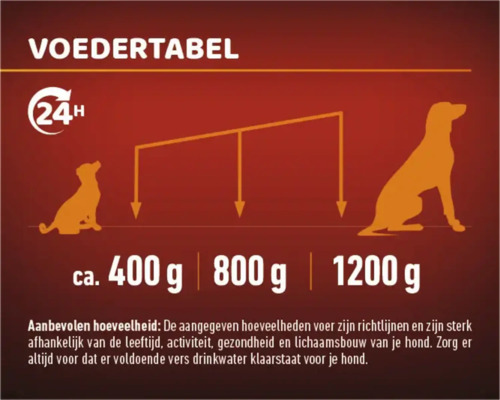 Voedingstabel voor honden met aanbevolen hoeveelheden voer, afhankelijk van het gewicht.