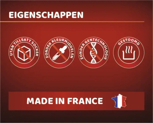 Eigenschappen: Zonder toegevoegde suikers, zonder kleurstoffen, zonder gentechnologie, gestoomd, gemaakt in Frankrijk