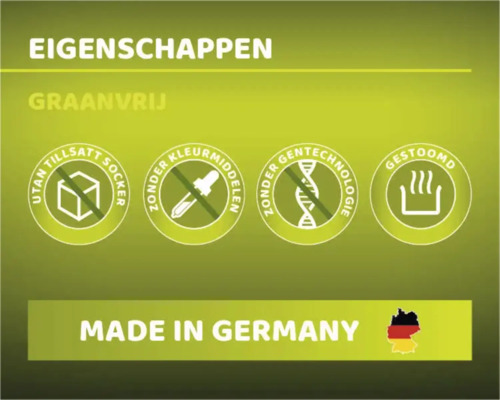 Eigenschappen: Graanvrij, zonder toegevoegde suikers, zonder kleurstoffen, zonder gentechnologie, gestoomd, gemaakt in Duitsland.