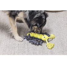 Hond verkent interactief voederspeelgoed met rupsontwerp op een snuffelmat