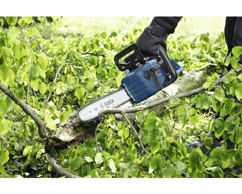 Een persoon zaagt een tak met een Bosch kettingzaag.