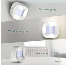 Drie installatiemogelijkheden van een witte bewegingsmelder: hoekbevestiging, wandbevestiging en installatie met voet.