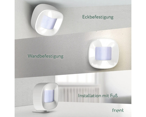 Drie installatiemogelijkheden van een witte bewegingsmelder: hoekbevestiging, wandbevestiging en installatie met voet.