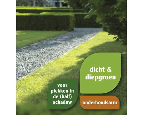 Tuinlandschap met gazon, grindpad en gesnoeide heggen