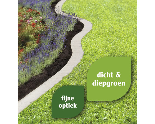 Tuinlandschap met bloemen, gazon en padbegrenzing