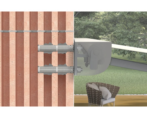 Montage van een zonnescherm aan een bakstenen muur met isolatiepluggen