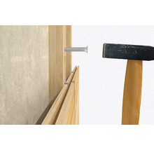 Hamer slaat spijker in houten bekleding