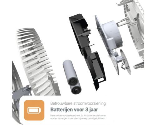 Explosietekening van een rookmelder met batterijen