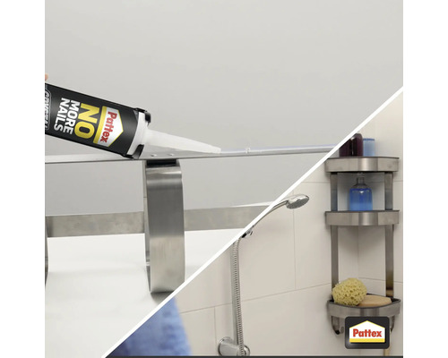 Toepassing van Pattex montagelijm in de badkamer voor de installatie van een rek